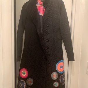 Desigual black coat w/colorful details.